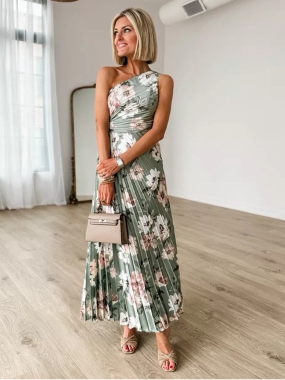 Abercrombie Giselle Pleated One Shoulder Floral Maxi Floral Sage Size M Tall